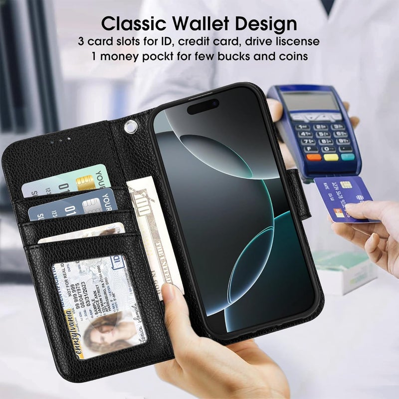 Arae Compatible with iPhone 16 Pro Case Wallet with Card Holder, Wristlet Strap Wallet Flip Cover for iPhone 16 Pro 6.3 inch Men/Women, RFID Blocking, Kickstand,Litchi Black - Image 3